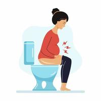 femme enceinte est assise sur les toilettes. constipation pendant la grossesse. problèmes digestifs. vecteur