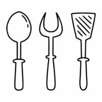 couverts pour cuisiner dans la cuisine. cuillère, fourchette et spatule. icône de vecteur dans le style doodle.