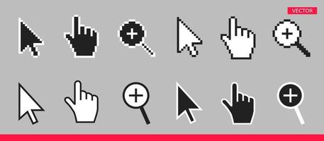 flèche noire et blanche, main et loupe icônes de curseur de souris illustration vectorielle. vecteur