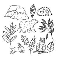 ensemble dessiné à la main d'illustrations pour enfants mignons. collection d'animaux et de feuilles de la forêt. éléments drôles dans le style doodle. vecteur