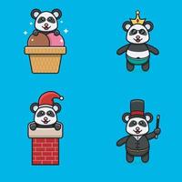 ensemble de personnages mignons de bébé panda avec diverses poses. sur la crème glacée, le chinmey, le port de la couronne et le costume de magicien. vecteur