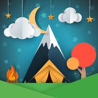 Paysage de papier dessin animé. Arbre, montagne, feu, tente, lune, nuage, étoile, illustration vecteur