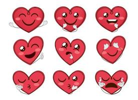 coeur emoji valentines vector set. coeurs de caractère d'émoticônes avec des expressions faciales amoureuses et un geste de la main pour la conception de collection de personnages d'emojis d'icône de visage de coeur d'amour. illustration vectorielle.