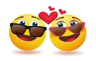 conception de concept de vecteur de couple emoji. émoticône 3d inlove caractère amoureux avec des yeux qui se regardent portant des lunettes de soleil pour les émoticônes emojis de la saint-valentin. illustration vectorielle.