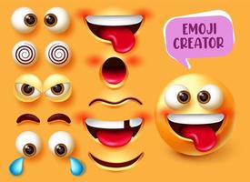 scénographie vectorielle de créateur d'emoji. Kit de personnages émoticônes 3d avec des éléments de visage modifiables drôles, en colère et tristes comme les yeux et la bouche pour la conception de création d'expressions faciales emojis. illustration vectorielle
