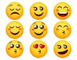 emoji dans l'ensemble de vecteurs d'amour. personnages d'émoticônes en rougissant, souriant et embrassant l'expression du visage pour les emojis aiment la réaction mignonne du personnage. illustration vectorielle. vecteur