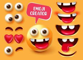 scénographie vectorielle de créateur d'emoji. émoticône 3d dans une expression faciale de caractère drôle et heureux avec un kit modifiable comme des éléments yeux, dents et bouche pour la collection d'émojis souriants. illustration vectorielle