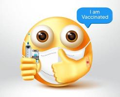 conception de vecteur de vaccin emoji covid-19. caractère emojis en 3d avec je suis un texte vacciné contenant une injection de vaccin pour le caractère émoticône de l'avatar de protection contre les coronavirus. illustration vectorielle
