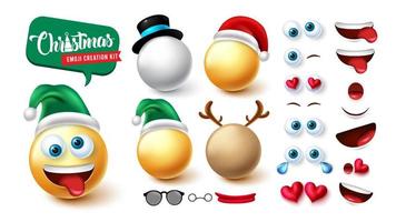 ensemble de vecteurs de créateur d'emoji de noël. kit de personnages 3d emojis xmas de père Noël, bonhomme de neige et renne avec visage modifiable pour une conception de création d'expression faciale mignonne. illustration vectorielle. vecteur