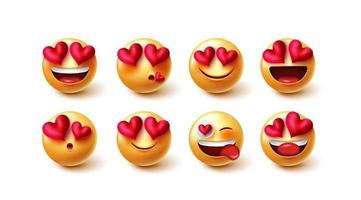 emojis valentines joli jeu de vecteurs de caractères. personnages emoji amoureux et expressions faciales heureuses isolées sur fond blanc pour les coeurs d'amour mignons de la Saint-Valentin dans la conception de la collection de visages jaunes. vecteur