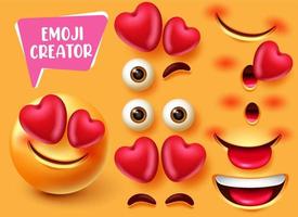 scénographie vectorielle de créateur d'emoji. émoticône 3d amoureux et caractère heureux avec des yeux, des éléments de cœur et de bouche modifiables pour une émoticône d'expression faciale mignonne. illustration vectorielle