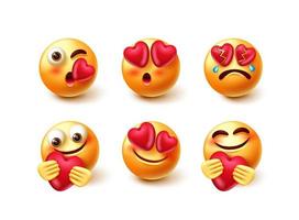 émoticône amour jeu de caractères vectoriels. amoureux des personnages emoji 3d avec des expressions comme baiser, pleurer et tenir le coeur pour l'amour et les soins, la conception de la collection d'emojis mignons. illustration vectorielle vecteur