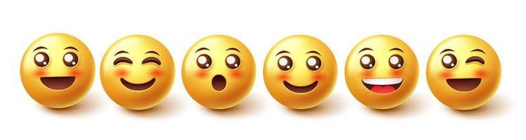 ensemble de vecteurs de caractères emoji. Conception graphique d'emojis 3D dans des expressions de visage heureux, rougissant et joyeux isolées sur fond blanc pour la collection de caractères jaunes. illustration vectorielle. vecteur