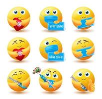 ensemble de vecteurs emoji covid-19. emojis personnages d'émoticônes 3D dans des expressions saines et sûres pour rester en sécurité et une nouvelle conception de collection d'avatars de campagne normale. illustration vectorielle vecteur