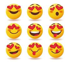 les emojis aiment l'ensemble de vecteurs de personnages. caractère émoticônes de la Saint-Valentin amoureux expression faciale avec élément yeux coeur isolé sur fond blanc pour la conception de collection emoji romantique.