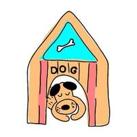 chien de personnage de dessin animé coloré dessiné à la main drôle mignon dormant dans la cabine. concept de soins pour animaux de compagnie. dessiné à la main. vecteur