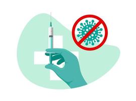 la main du médecin dans un gant vert tient une seringue de vaccin contre l'infection par le coronavirus sur la toile de fond du signe de premiers secours. vaccin contre la maladie covid-19. médicament de protection médical 2019-ncov. campagne de vaccination humaine eps vecteur