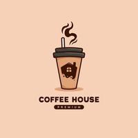 logo de la maison du café avec l'icône de la maison à l'intérieur du café pour aller illustration de la tasse de papier en style cartoon vecteur