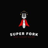 logo de super fourchette de super-héros gastronomique, restauration de restaurant d'aliments et de boissons avec fourchette et logo d'icône de super cape vecteur