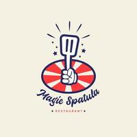 spatule magique restaurant café bistro logo avec main tenant une spatule magique dans l'icône d'insigne de style rétro vintage de dessin animé vecteur