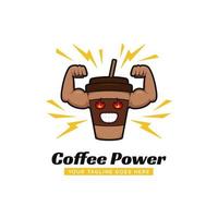 logo de gym de puissance de café, tasse de café avec l'illustration de mascotte d'icône de logo de muscle de gros bras fort vecteur