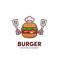 chef burger hamburger dessin animé mascotte logo icône tenant une spatule vecteur