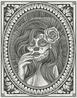 illustration crâne de dame de sucre avec style de gravure vecteur