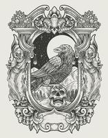 illustration vintage effrayant corbeau avec style de gravure vecteur