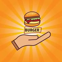 Affiche publicitaire de repas de restauration rapide burger avec rayons et inscription de lettrage et icône de la main. Temp de conception de bannière promotionnelle de délicieux hamburgers ou cheeseburgers. vecteur de modèle de conception