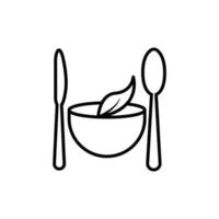 icône de ligne de restaurant végétarien. cuillère, couteau, icône de feuille sur le dessus du bol. vecteur de modèle de conception