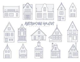 maisons d'amsterdam. façades de bâtiments anciens européens. maisons hollandaises. vecteur, ensemble, contour, illustration vecteur