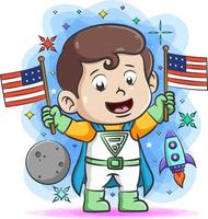le super garçon tenant deux drapeaux à la main autour des choses de l'espace vecteur