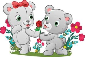 l'ours mignon s'agenouille devant sa fille et tient la rose rouge vecteur