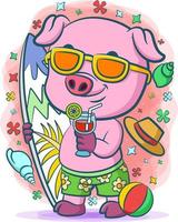 le cochon violet fait des vacances à la plage pour surfer vecteur