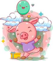 joyeux cochon rose tient les ballons verts vecteur