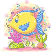 Idole de poisson lune jaune mignonne joue sous la mer bleue vecteur