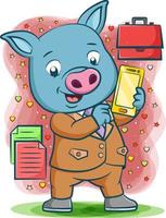 le cochon tenant le smartphone pour l'entreprise vecteur