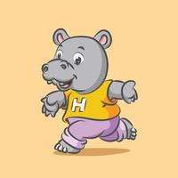 le grand hippopotame court pour faire du sport en utilisant la chemise jaune vecteur