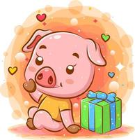 le dessin animé de cochon rose se trouve près du cadeau vecteur