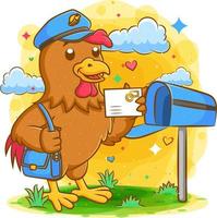 facteur de coq tenant le courrier et le sac vecteur