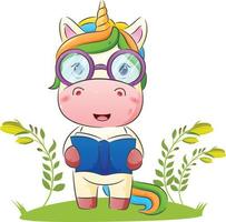 la licorne intelligente utilise des lunettes et tient un livre vecteur