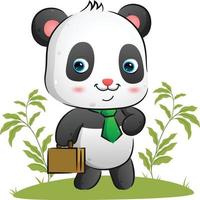 le panda bien rangé avec la cravate brillante tient une valise et se promène dans le jardin vecteur