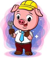 un cochon à la construction portant un casque de sécurité et tenant une clé à molette vecteur