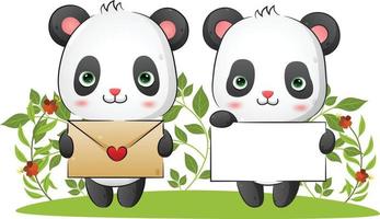 le couple de doux panda tient une lettre d'amour et un papier vierge pour la saint-valentin vecteur