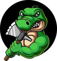 Crocodile tenant la conception du logo de la mascotte de la hache vecteur