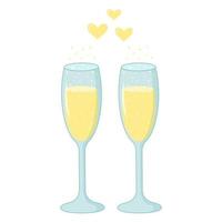 deux verres de champagne avec des bulles pétillantes et des coeurs jaunes vecteur