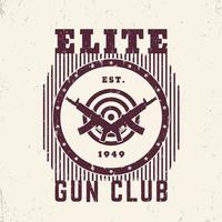 emblème vintage du club de tir avec pistolets automatiques et cible, impression de t-shirt vecteur