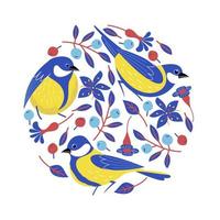 beaux oiseaux, baies, fleurs et branches. illustration vectorielle. vecteur