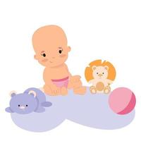 petite fille est assise sur le sol avec des jouets bébé dans des couches nouveau-né jouant une enfance heureuse vecteur