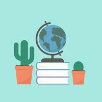 globe sur une pile de livres et de cactus sur fond vert menthe. lieu de travail de l'étudiant. concept d'éducation et d'apprentissage. modèle de conception facile à modifier. retour à l'illustration vectorielle plane de l'école. vecteur